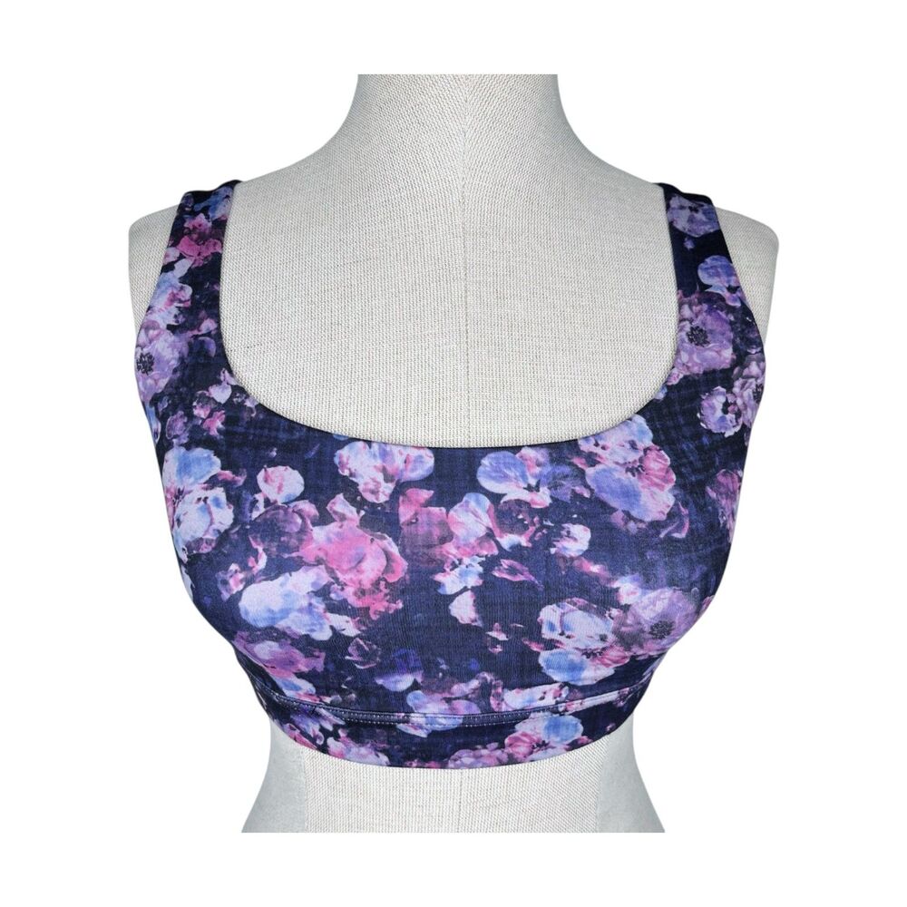Athleta Exhale Sports Bra sz S * Purple Dappled Floral Strappy Back Yoga Barre
